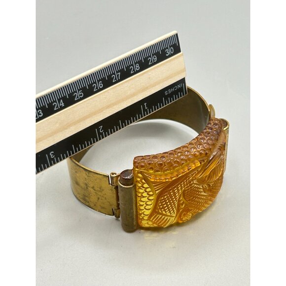 Vtg French Prystal Bakelite Carved Fish Bracelet Hinged Wide Brass Band Art Deco - Picture 10 of 13